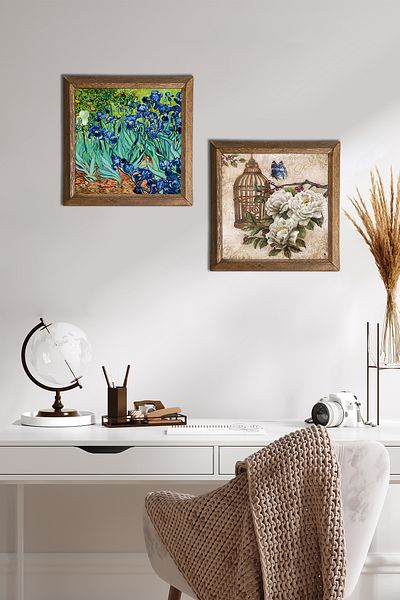 Pinecone Van Gogh Irisuri, Floare Fluture Pictură Perete Piatră Decor de Perete Cu Cadru Din Lemn Picturi 2 Buc -W2-288-