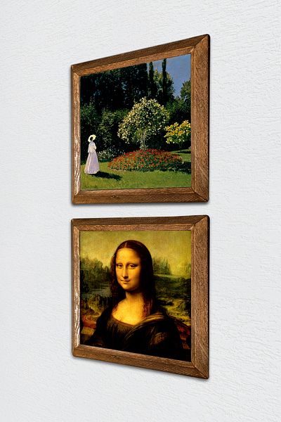 Pinecone Claude Monet Woman in the Garden, Da Vinci Mona Lisa Stone Wall Painting Framed Wall Decor -W2-328-