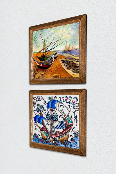 Pinecone Van Gogh Fishing Boats, Sailing Ship Stone Wall Painting Wood Framed Wall Decor -W2-508-