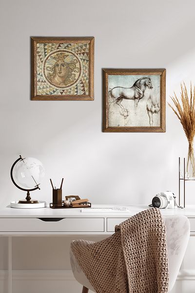 Pinecone Mosaic Series, Leonardo Da Vinci Horse Statue Stone Wall Painting Wood Framed Wall Decor -W2-320-
