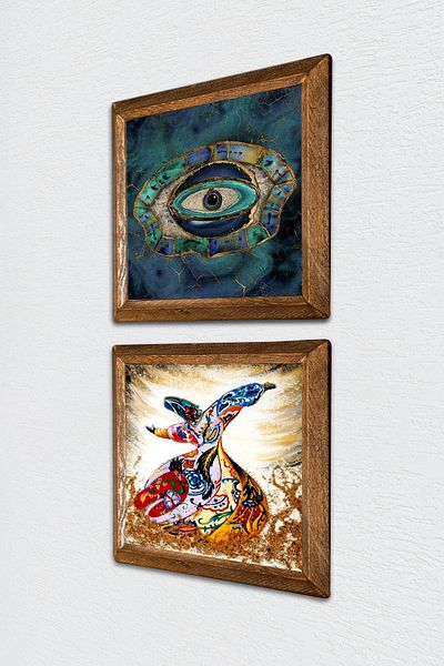Pinecone Evil Eye, Semazen Stone Wall Painting Ξύλινο πλαίσιο Διακόσμηση τοίχου 2 τεμαχίων Σετ ζωγραφικής Wall Art -W2-627-