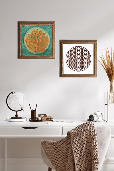 Pinecone Floarea Lotusului, Floarea Vieții Pictură pe perete din piatră Decor de perete cu rame din lemn Set de 2 picturi -W2-479-
