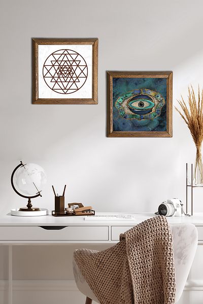Pinecone Evil Eye, Sri Yantra Stone Wall Painting Decor de perete cu rame din lemn Set de 2 picturi Wall Art -W2-471-