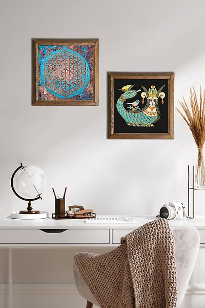 Pinecone Floarea vieții, pictură pe perete din piatră Shahmeran, decor de perete cu rame din lemn, set de pictură din 2 piese -W2-262-