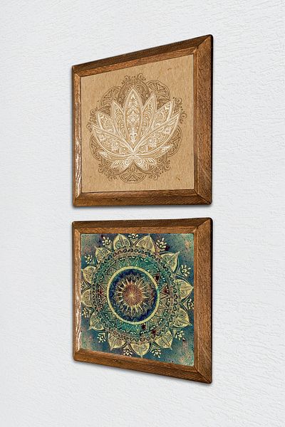 Pinecone Mandala, Lotus Flower Stone Wall Painting with Wooden Frame Wall Decor 2 Piece Painting Set -W2-502-