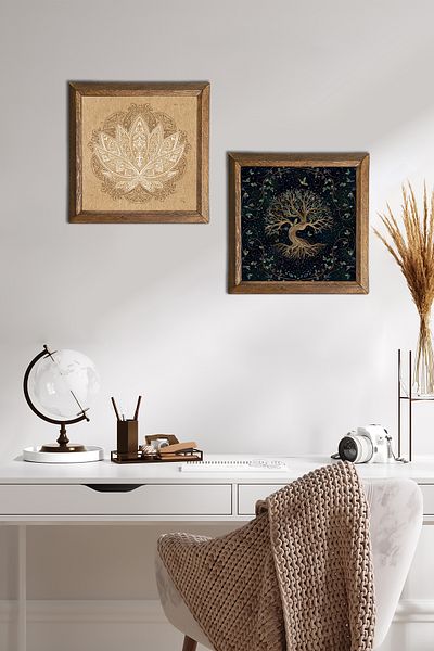 Pinecone Lotus Flower, Tree of Life Stone Wall Painting with Wooden Frame Wall Decor 2 Piece Painting Set -W2-432-