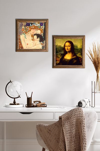Pinecone Gustav Klimt Mother Child, Da Vinci Mona Lisa Stone Wall Painting Wood Framed Wall Decor -W2-325-