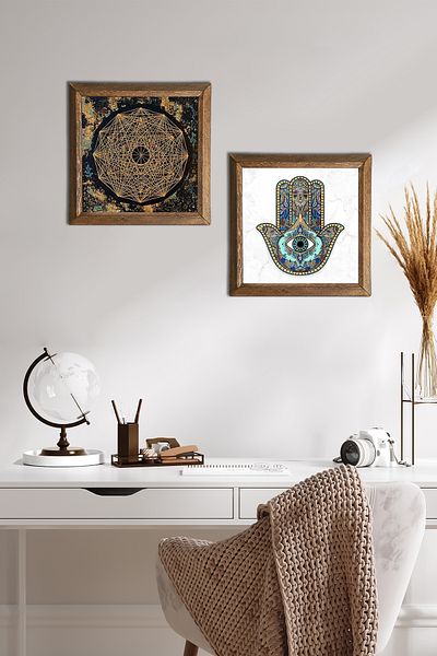 Pinecone Sri Yantra, Fatma Mâna (Hamsa) Pictură pe perete din piatră Decor de perete cu rame din lemn Pictură din 2 piese -W2-50-