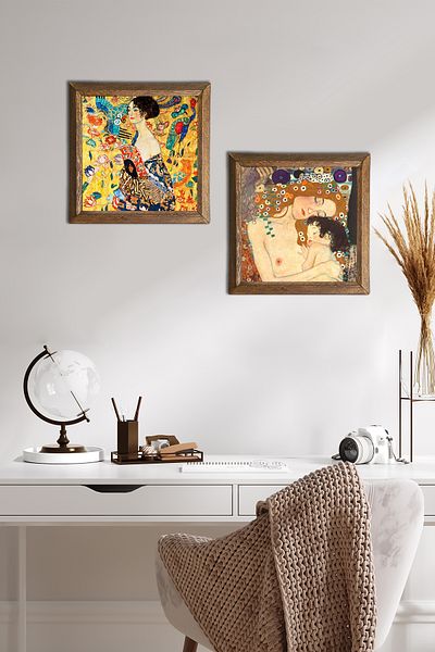 Pinecone Gustav Klimt Woman with a Fan, Mother Child Stone Wall Painting with Wood Frame Wall Decor -W2-362-