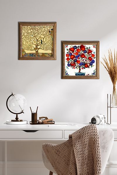 Pinecone Gustav Klimt Tree of Life, Pomegranate Tree Stone Wall Painting Wood Framed Wall Decor -W2-148-