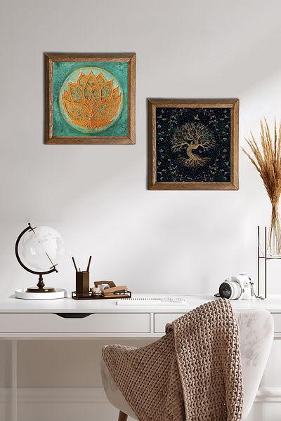 Pinecone Lotus Flower, Tree of Life Stone Wall Painting with Wooden Frame Wall Decor 2 Piece Painting Set -W2-435-