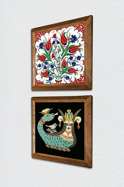 Pinecone Tulip, Shahmeran Stone Wall Painting Wooden Framed Wall Decor 2 Piece Painting Set Wall Art -W2-259-