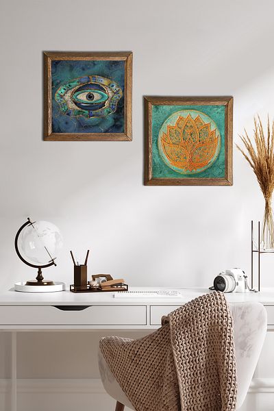 Pinecone Evil Eye, Floarea Lotusului Pictură pe perete din piatră Decor de perete cu rame din lemn Set de 2 picturi Wall Art -W2-536-