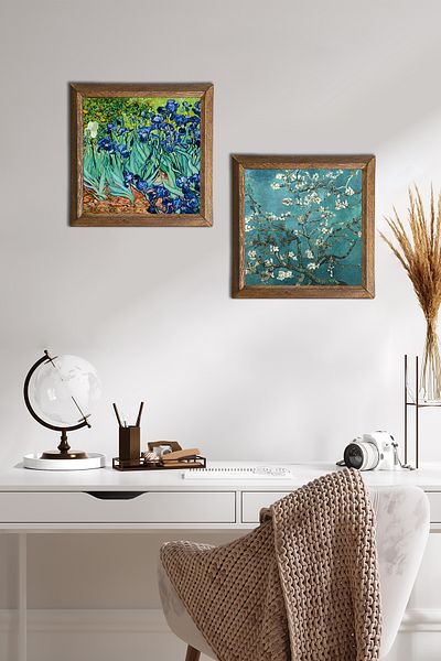 Pinecone Van Gogh Irises, Ζωγραφική σε Πέτρινο Τοίχο Αμυγδαλόξυλο Διακόσμηση τοίχου με ξύλινο πλαίσιο Σετ ζωγραφικής 2 τεμαχίων -W2-371-