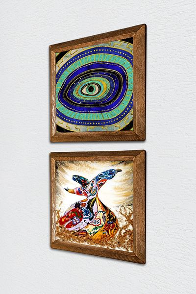 Pinecone Evil Eye, Whirling Dervish Stone Wall Art Wood Framed Wall Decor 2 Piece Table Set Wall Art -W2-626-