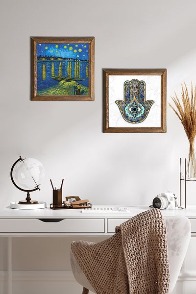 Pinecone Van Gogh Râul Răneți, Fatma Ana Hand Pictură pe perete de piatră Decor de perete cu rame din lemn Pictură din 2 piese -W2-76-