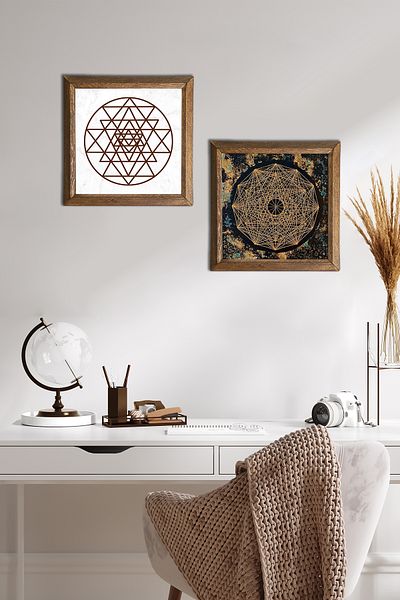 Pinecone Sri Yantra Πέτρινη Ζωγραφική Τοίχων με Ξύλινο Πλαίσιο Διακόσμηση Τοίχου 2 τεμαχίων Σετ Ζωγραφικής Wall Art -W2-469-