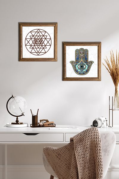 Pinecone Sri Yantra, Fatma Mâna (Hamsa) Pictură pe perete din piatră Decor de perete cu rame din lemn Pictură din 2 piese -W2-39-