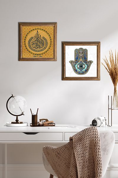Pinecone Vers-Hand Throne, Fatma Mother Hand (Hamsa) Pictură pe perete din piatră Decor de perete cu rame din lemn -W2-68-