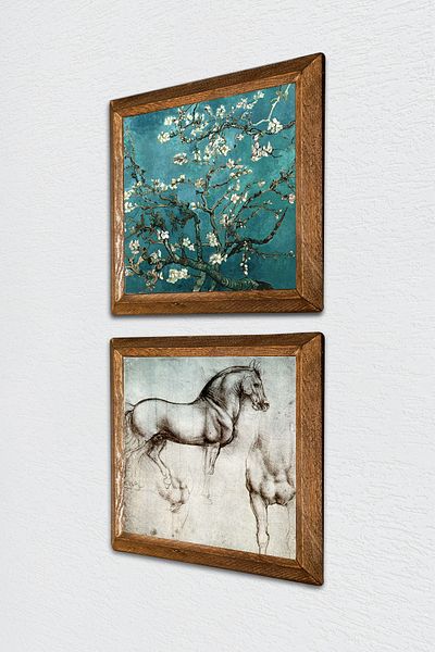 Pinecone Van Gogh Almond Tree, Leonardo Da Vinci Horse Sculpture Stone Wall Painting Framed Wall Decor -W2-316-
