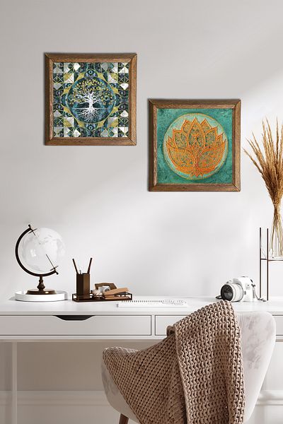Pinecone Tree of Life, Lotus Flower Stone Wall Painting Wood Framed Wall Decor 2 Piece Painting Set -W2-540-