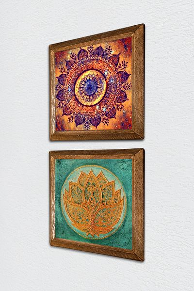 Pinecone Mandala, Floarea Lotus Pictură pe perete din piatră Decor de perete cu rame din lemn Set de pictură 2 piese -W2-539-