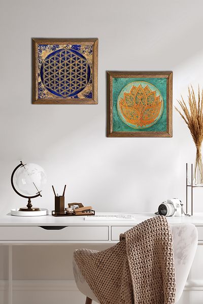 Pinecone Floarea Lotusului, Floarea Vieții Pictură pe perete din piatră Decor de perete cu rame din lemn Set de 2 picturi -W2-452-