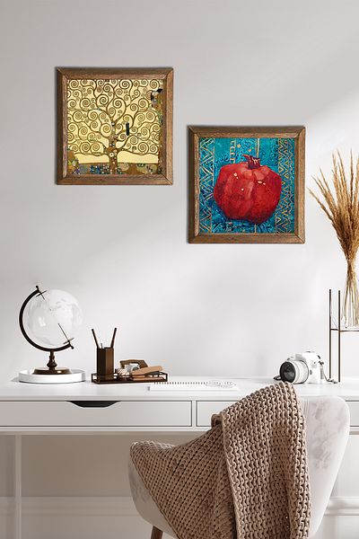 Pinecone Gustav Klimt Tree of Life, Pomegranate Stone Wall Painting Wood Framed Wall Decor Set of 2 -W2-93-