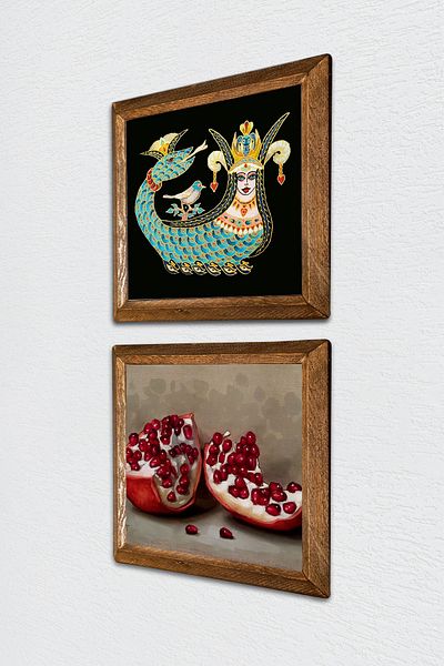 Pinecone Şahmeran, pictură pe perete cu piatră de rodie, decor de perete cu cadru din lemn, set de pictură din 2 piese, artă de perete -W2-728-