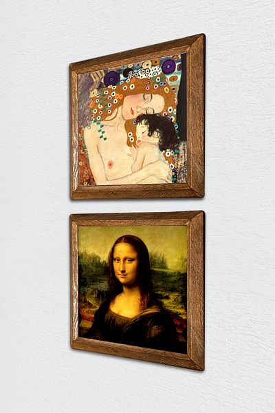 Pinecone Gustav Klimt Mother Child, Da Vinci Mona Lisa Stone Wall Painting Wood Framed Wall Decor -W2-325-