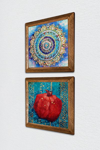 Pinecone Mandala, Pomegranate Stone Wall Painting with Wooden Frame Wall Decor 2 Piece Painting Set Wall Art -W2-131-