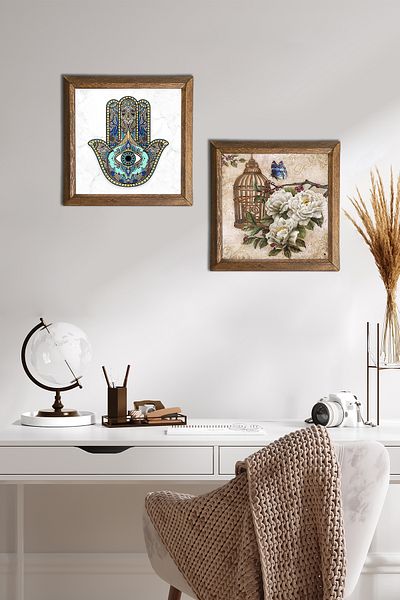 Pinecone Floare Fluture, Mâna Fatmei (Hamsa) Pictură pe perete din piatră Decor de perete cu rame din lemn -W2-05-