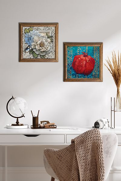 Pinecone Flower with Butterfly, Pomegranate Stone Wall Painting with Wooden Frame Wall Decor 2 Piece Painting Set -W2-88-