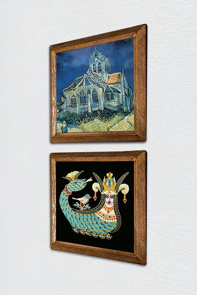 Pinecone Van Gogh Church at Auvers, Shahmeran Stone Wall Painting Wood Framed Wall Decor -W2-281-