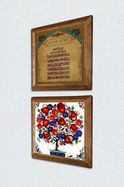 Pinecone Verset-coroană, pictură pe perete din piatră de pom de rodie, decor de perete cu rame din lemn, set de pictură din 2 piese -W2-154-