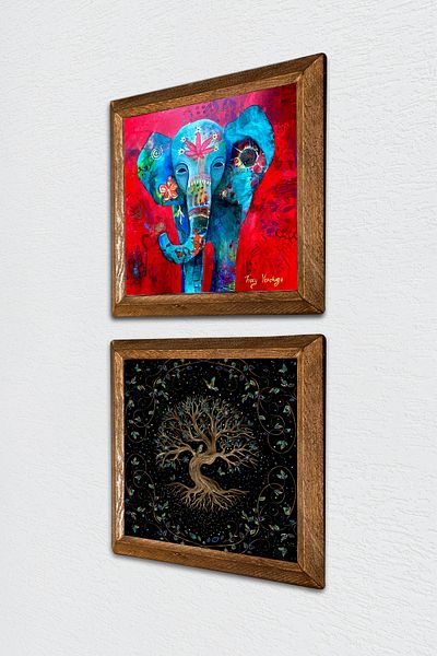 Pinecone Elephant, Tree of Life Stone Wall Art Wood Framed Wall Decor 2 Piece Table Set Wall Art -W2-440-
