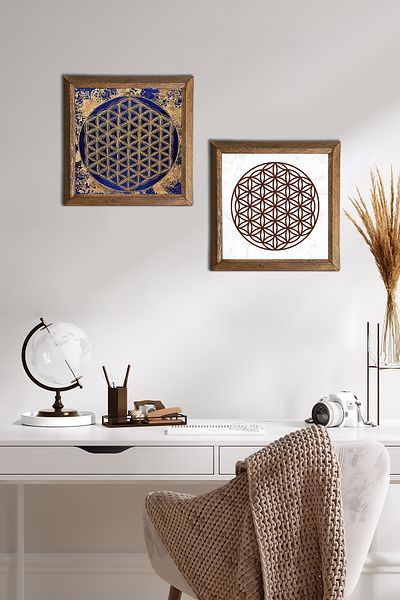 Pinecone Floarea vieții Pictură pe perete din piatră Decor de perete cu rame din lemn Set de pictură din 2 piese Artă de perete -W2-447-