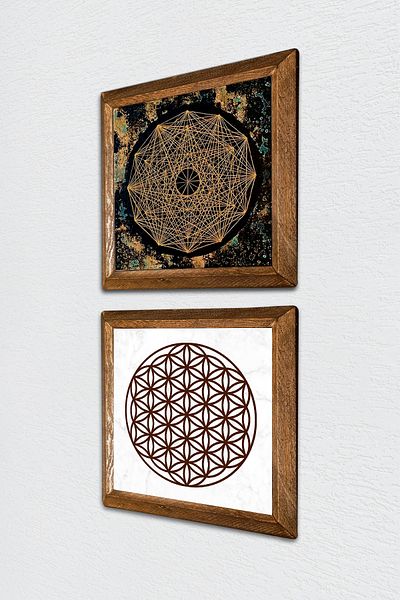 Pinecone Sri Yantra, Flower of Life Πέτρινη Ζωγραφική Τοίχου με Ξύλινο Πλαίσιο Διακόσμηση Τοίχου 2 τεμαχίων Σετ ζωγραφικής -W2-481-