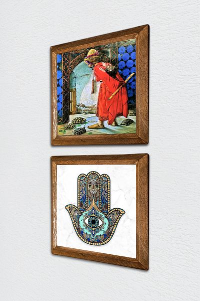Pinecone Turtle Trainer, Fatma Mother Hand (Hamsa) Stone Wall Painting Framed Wall Decor -W2-12-