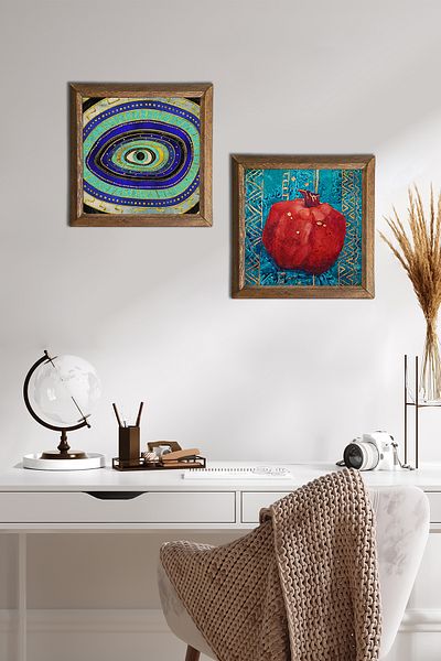 Pinecone Evil Eye, Pomegranate Stone Wall Art Wooden Framed Wall Decor 2 Piece Table Set Wall Art -W2-127-