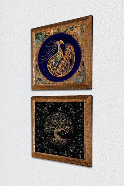 Pinecone Peacocks, Tree of Life Stone Wall Painting Wood Framed Wall Decor 2 Piece Painting Set -W2-434-