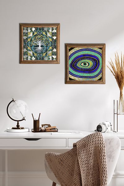Pinecone Tree of Life, Evil Eye Stone Wall Painting Wood Framed Wall Decor 2-Piece Painting Set Wall Art -W2-564-