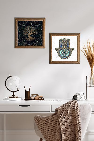 Pinecone Tree of Life, Fatma Mother Hand (Hamsa) Stone Wall Painting Wooden Framed Wall Decor 2 Piece Painting -W2-37-