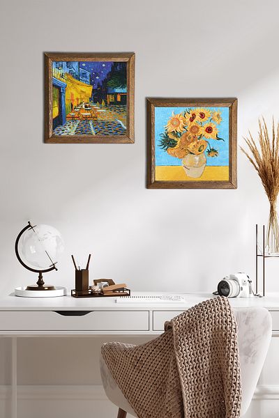 Pinecone Van Gogh Cafe Terrace at Night, Twelve Sunflowers Vase Stone Wall Painting Framed Wall Decor -W2-390-