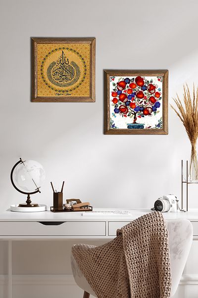 Pinecone Verse-Hand Kursi, Pomegranate Tree Stone Wall Painting Wooden Framed Wall Decor 2 Piece Painting Set -W2-190-