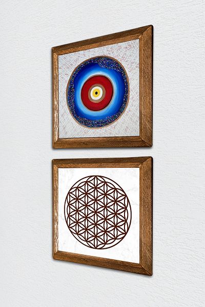 Pinecone Evil Eye, Flower of Life Stone Wall Painting Wooden Framed Wall Decor Set of 2 Painting Wall Art -W2-484-