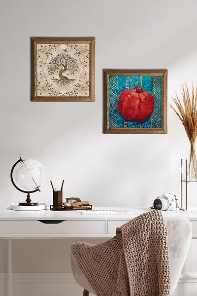 Pinecone Arborele vieții, pictură pe perete din piatră de rodie cu cadru din lemn Decor de perete Set de pictură din 2 piese Artă de perete -W2-85-
