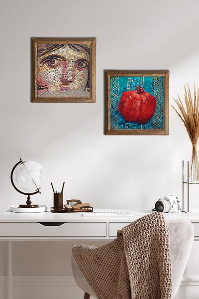 Pinecone Gypsy Girl Mosaic, Pomegranate Stone Wall Painting with Wooden Frame Wall Decor 2 Piece Painting Set -W2-101-