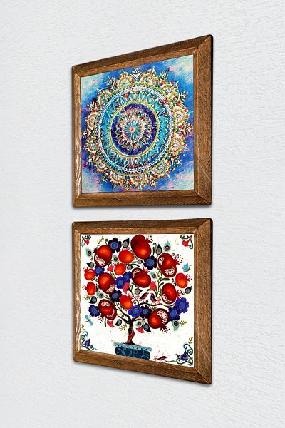 Pinecone Mandala, Pomegranate Tree Stone Wall Painting Wooden Framed Wall Decor Set of 2 Painting Wall Art -W2-180-