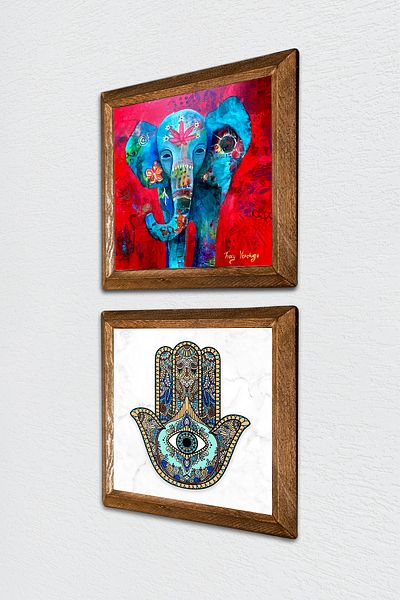 Pinecone Elefant, Fatma Ana Hand (Hamsa) Pictură pe perete din piatră Decor de perete cu rame din lemn Set de 2 picturi -W2-54-